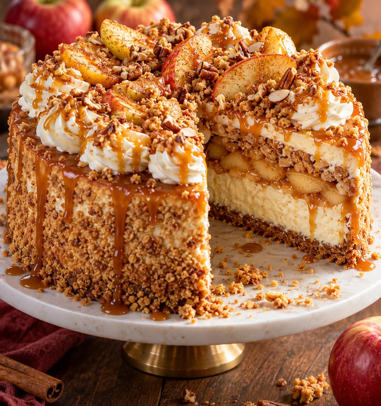 Hohe Apfel-Cheesecake-Crumble-Torte mit hellem Käsekuchen, sichtbaren karamellisierten Apfelspalten, Crumbles, dünner oberer Cremeschicht, dicht bedecktem Bröselrand, Cremetupfen und Vanillekaramell.