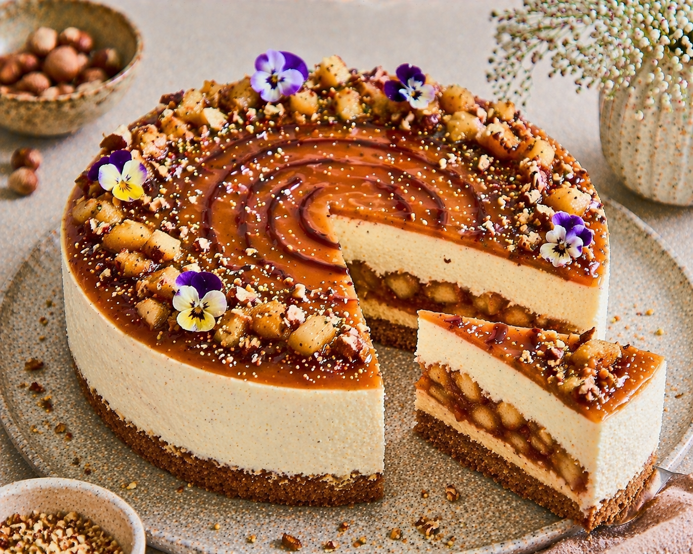 Apfel-Karamell-Cheesecake mit dunklem Haselnuss-Keksboden, cremiger Vanilleschicht, sichtbarer Apfel-Karamell-Mitte und Karamellswirl
