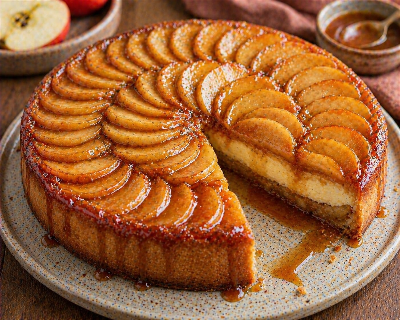 Apfel-Karamell-Quarkkuchen mit hohem goldbraunem Mandel-Mürbeteigrand, karamellisierter Apfel-Mandel-Schicht, heller Quarkfüllung und glänzendem Apfelfächer