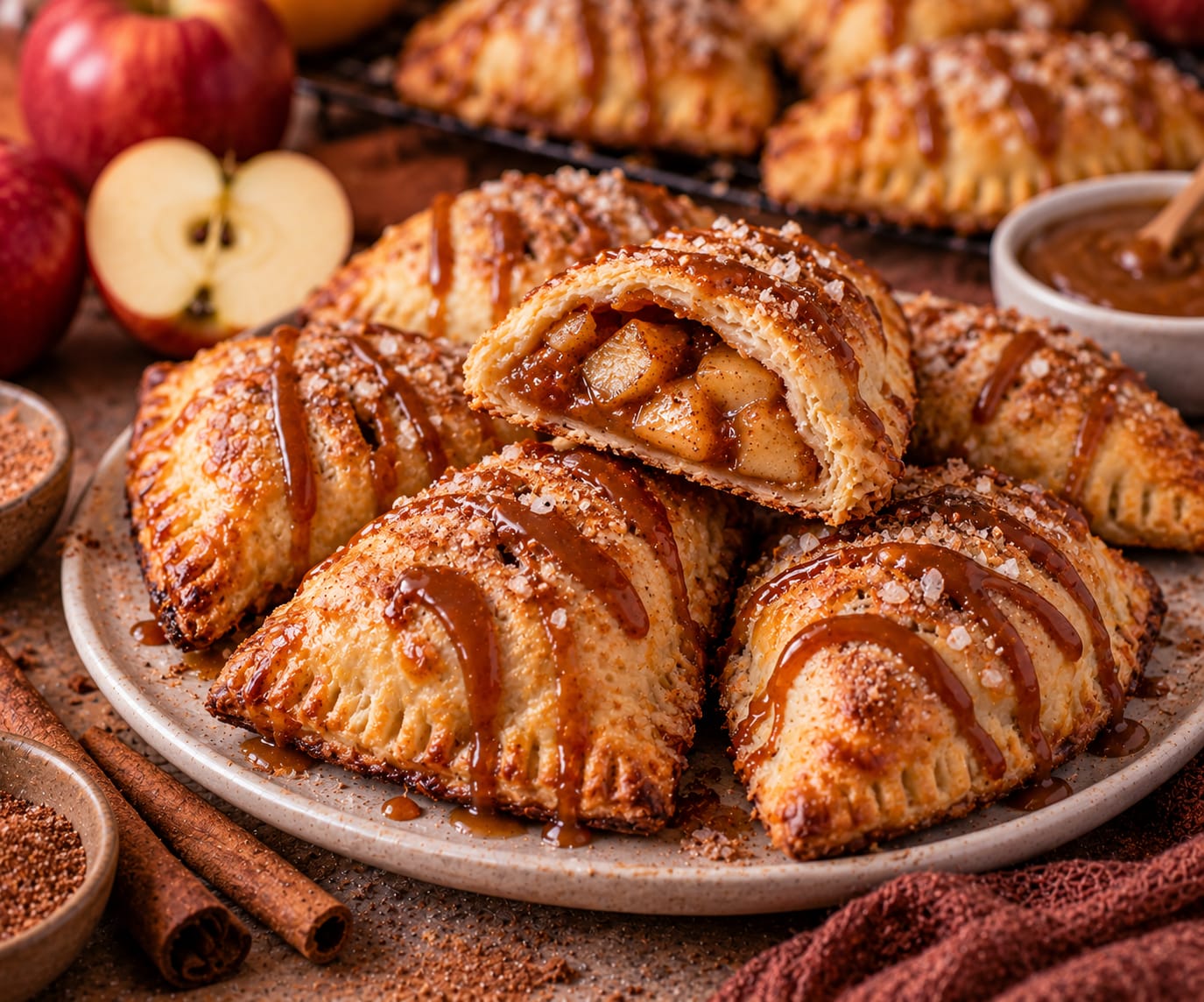 Goldbraune Apfel-Karamell-Taschen aus Blätterteig mit stückiger Apfelfüllung, Zimt-Zucker-Kruste und Karamell-Drizzle