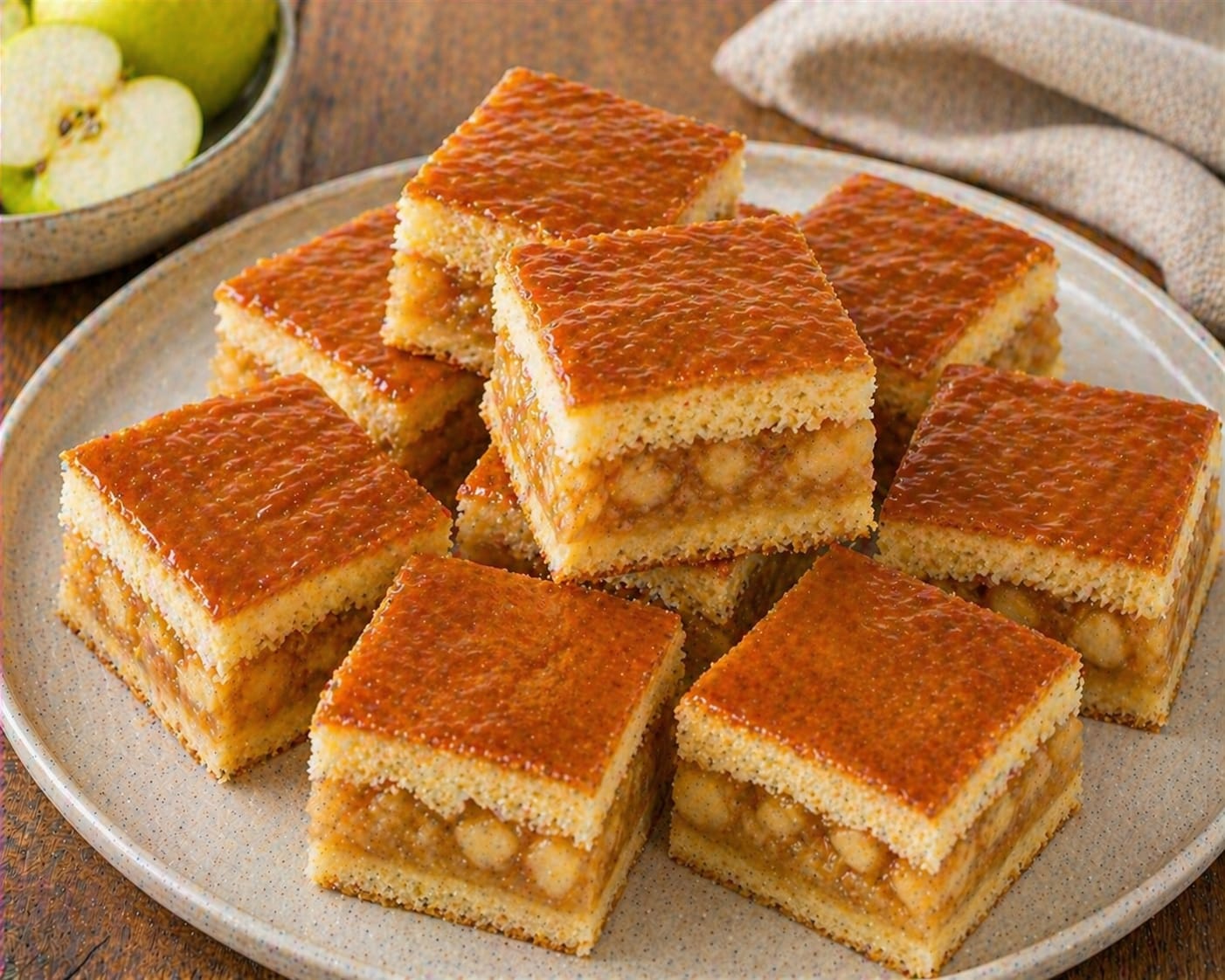 Apfel Knusper Würfel mit zwei hellen Mandel-Kuchenschichten, saftiger Apfel-Zimt-Füllung und goldener karamellisierter Decke