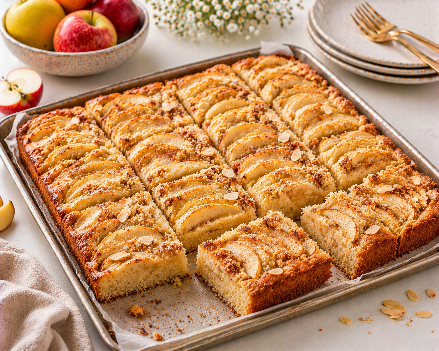 Apfel-Mandel-Blechkuchen auf dem Blech mit dicht gelegten Apfelspalten, goldener Mandelkruste und Mandelblättchen