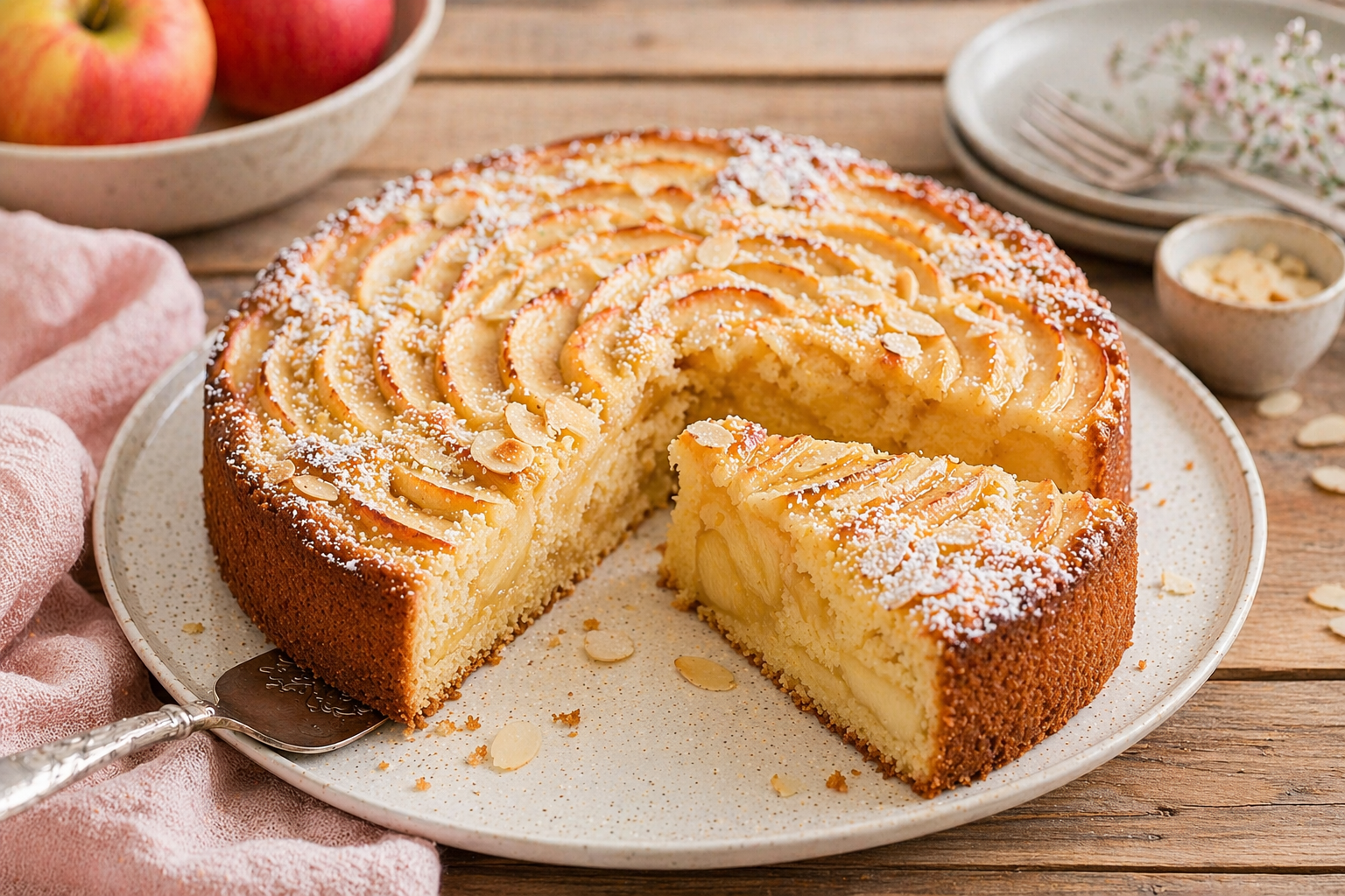 Apfel-Mandel-Rührkuchen mit fächerartig gelegten Apfelscheiben, Mandelblättchen und feinem Puderzucker