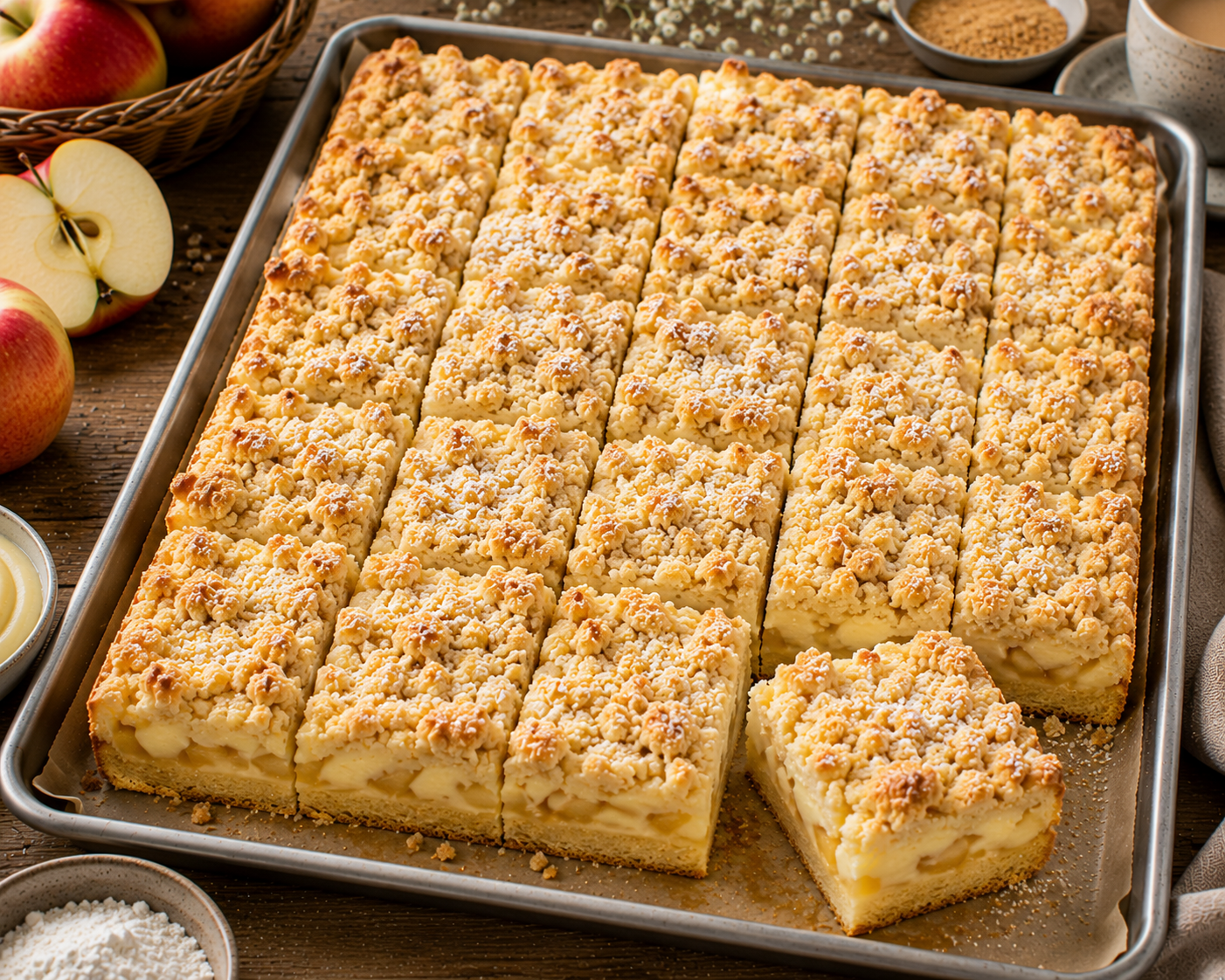Apfel-Pudding-Butterstreusel vom Blech mit dicker Vanillepudding-Apfelfüllung und goldenen Butterstreuseln