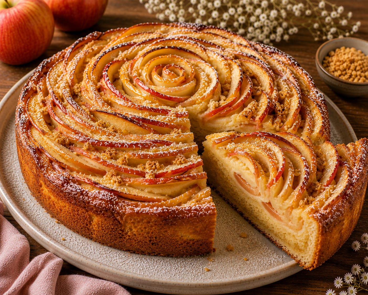 Apfel-Rosenkuchen mit glänzenden Apfelscheiben in Rosenform und Mandelstreuseln