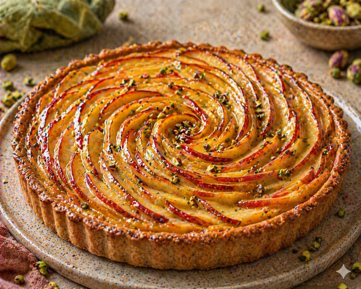 Apfel-Rosentarte mit roten Apfelscheiben, Aprikosenglanz und feinen Pistazien
