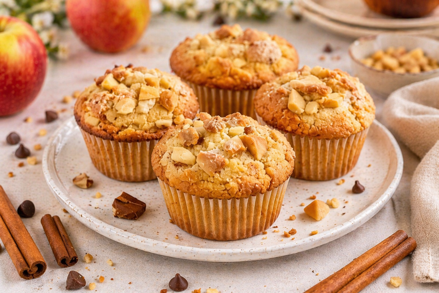 Apfel-Streusel-Muffins mit goldbraunen Mandelstreuseln und sichtbaren Mandelblättchen