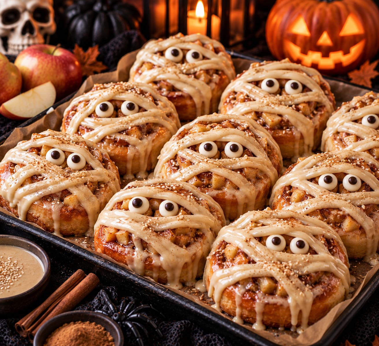 Apfel-Tahini-Zimtschnecken als Halloween-Mumien mit sichtbaren Apfelwürfeln, hellen Tahini-Vanille-Bändern, Sesam und Schokoladenaugen