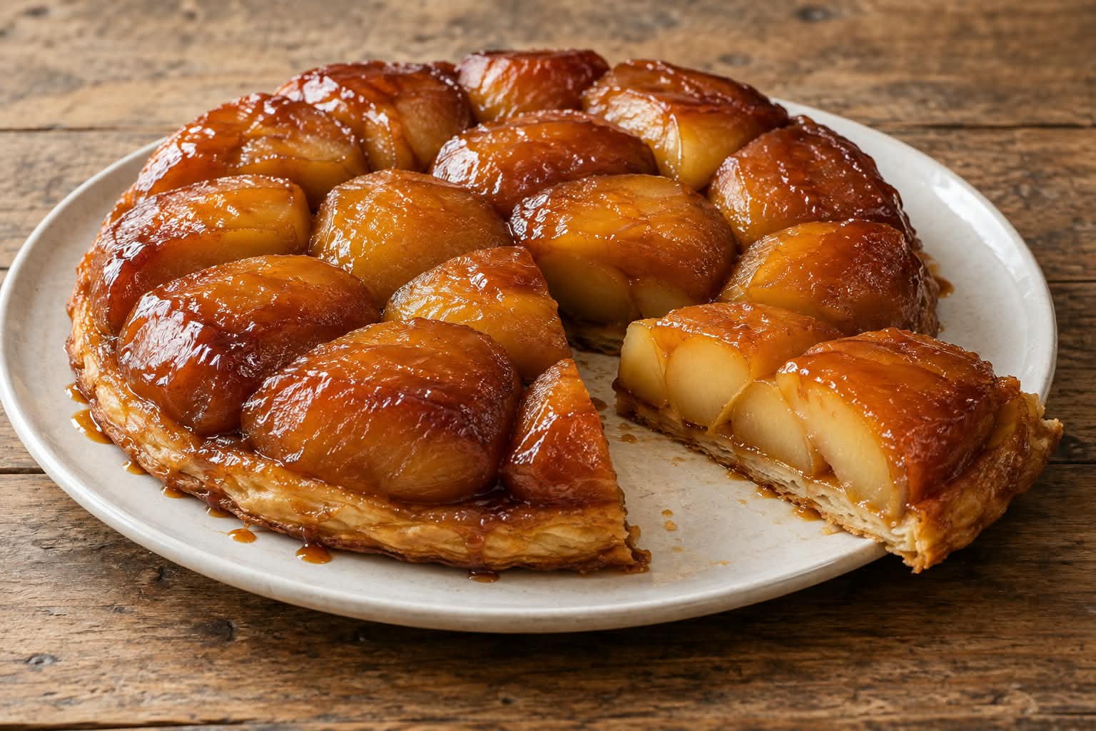 Glänzende Apfel-Tarte-Tatin mit karamellisierten Apfelhälften und knusprigem Blätterteig