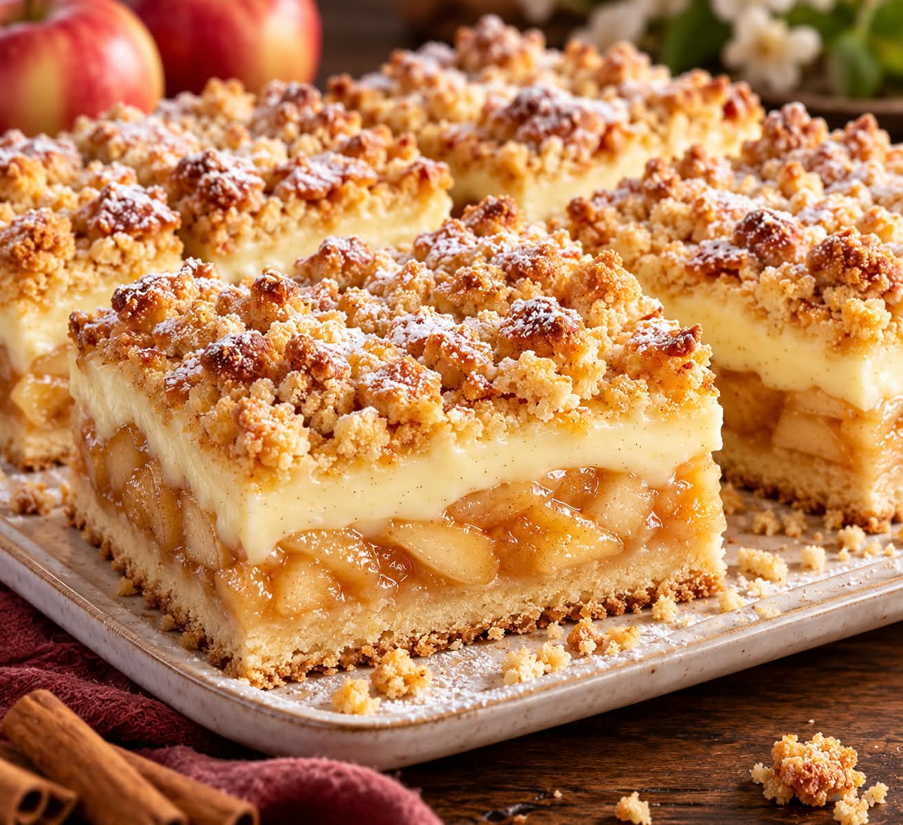Rechteckige Apfel-Vanille-Pudding-Schnitten mit Butterboden, karamellisierten Apfelstücken, heller Vanillepuddingcreme und knusprigen goldbraunen Streuseln, mit wenig Puderzucker bestäubt.