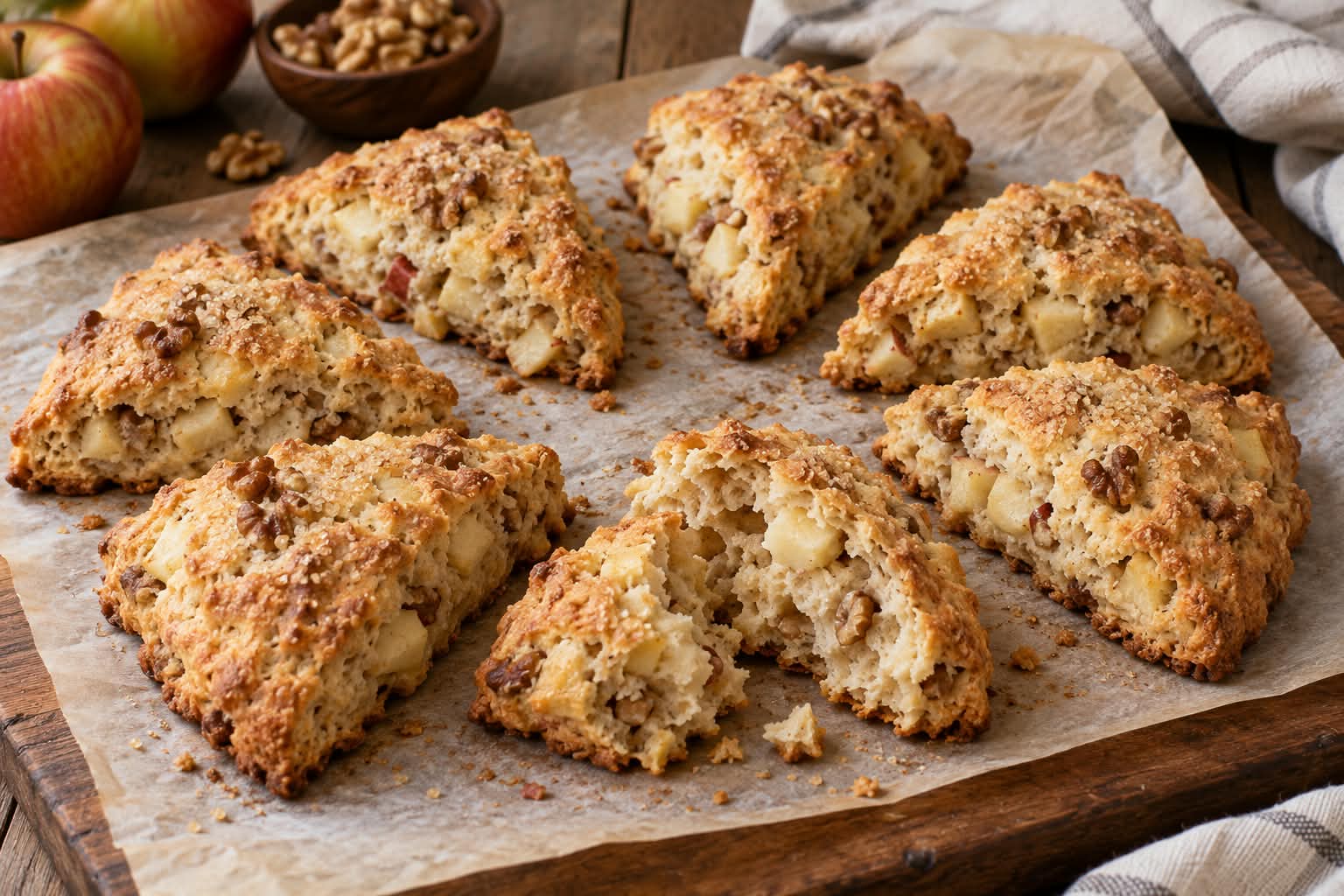 Goldbraune dreieckige Apfel-Walnuss-Scones mit sichtbaren Apfelstücken, Walnüssen und grobem braunem Zucker