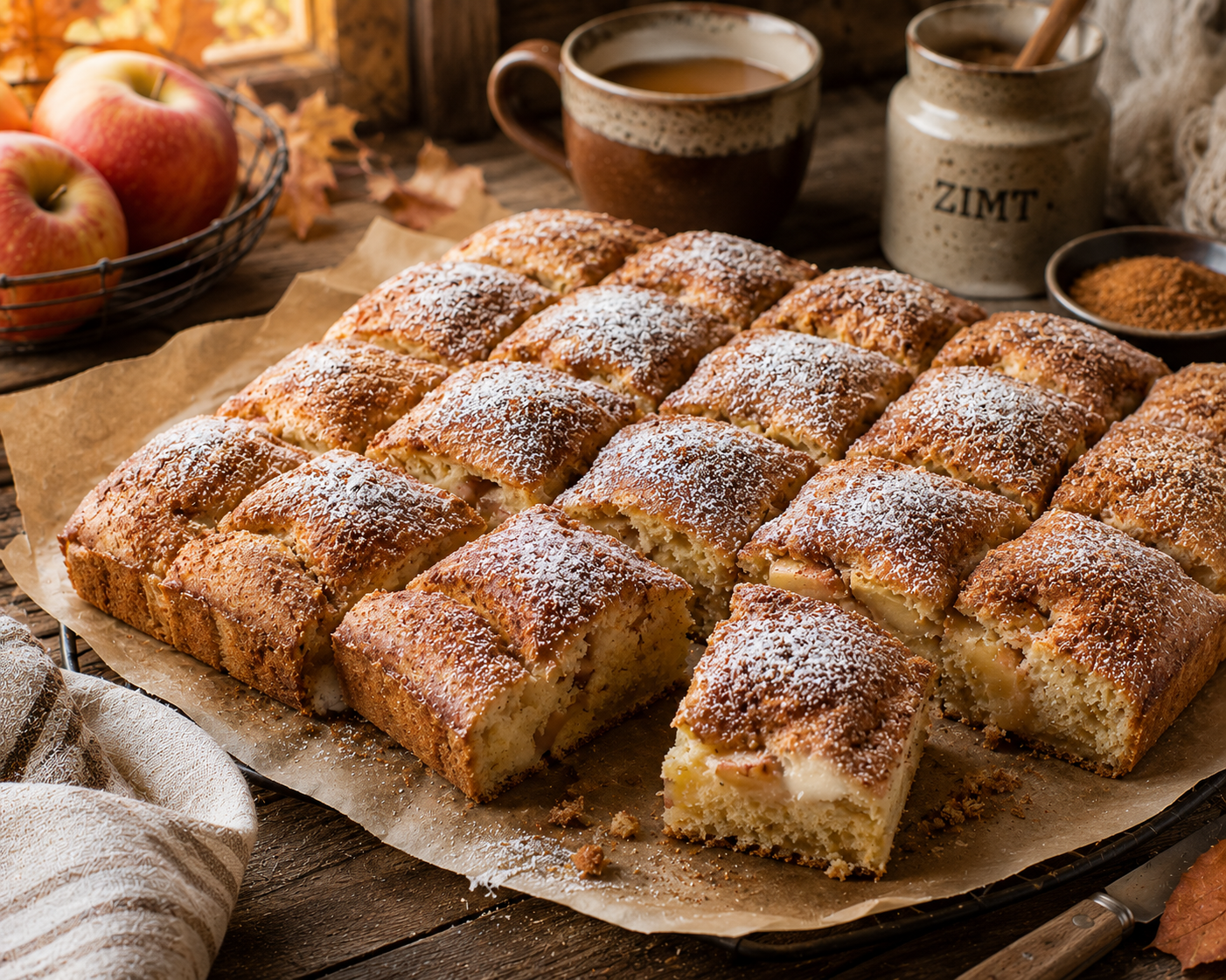 Apfel-Zimt-Buttermilchkuchen aus der Rechteckform mit goldbrauner Zimt-Zucker-Kruste und Puderzucker