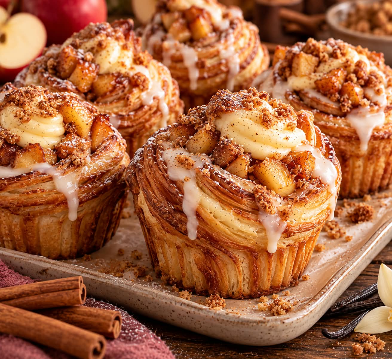 Goldbraun gebackene Apfel-Zimt-Cruffins mit sichtbaren Blätterteigschichten, heller Vanillecreme, Apfelwürfeln, Zimt-Crunch und Vanilleglasur.
