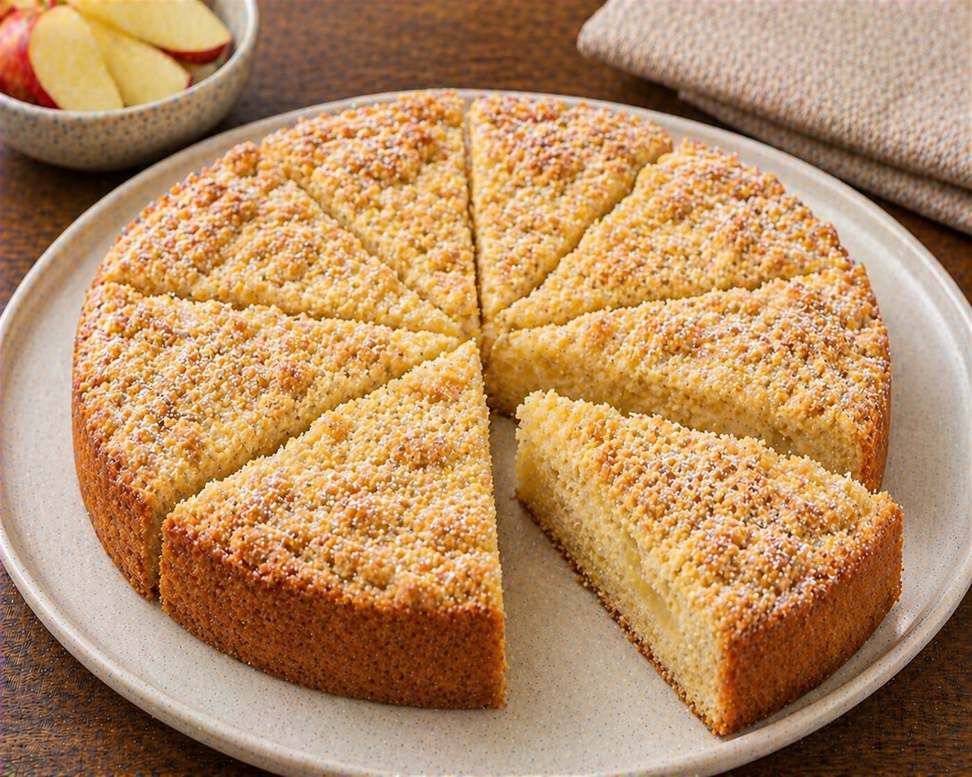 Apfel-Zimt-Crunchkuchen mit goldbraunem Mandel-Crunch auf der Oberfläche und am Rand