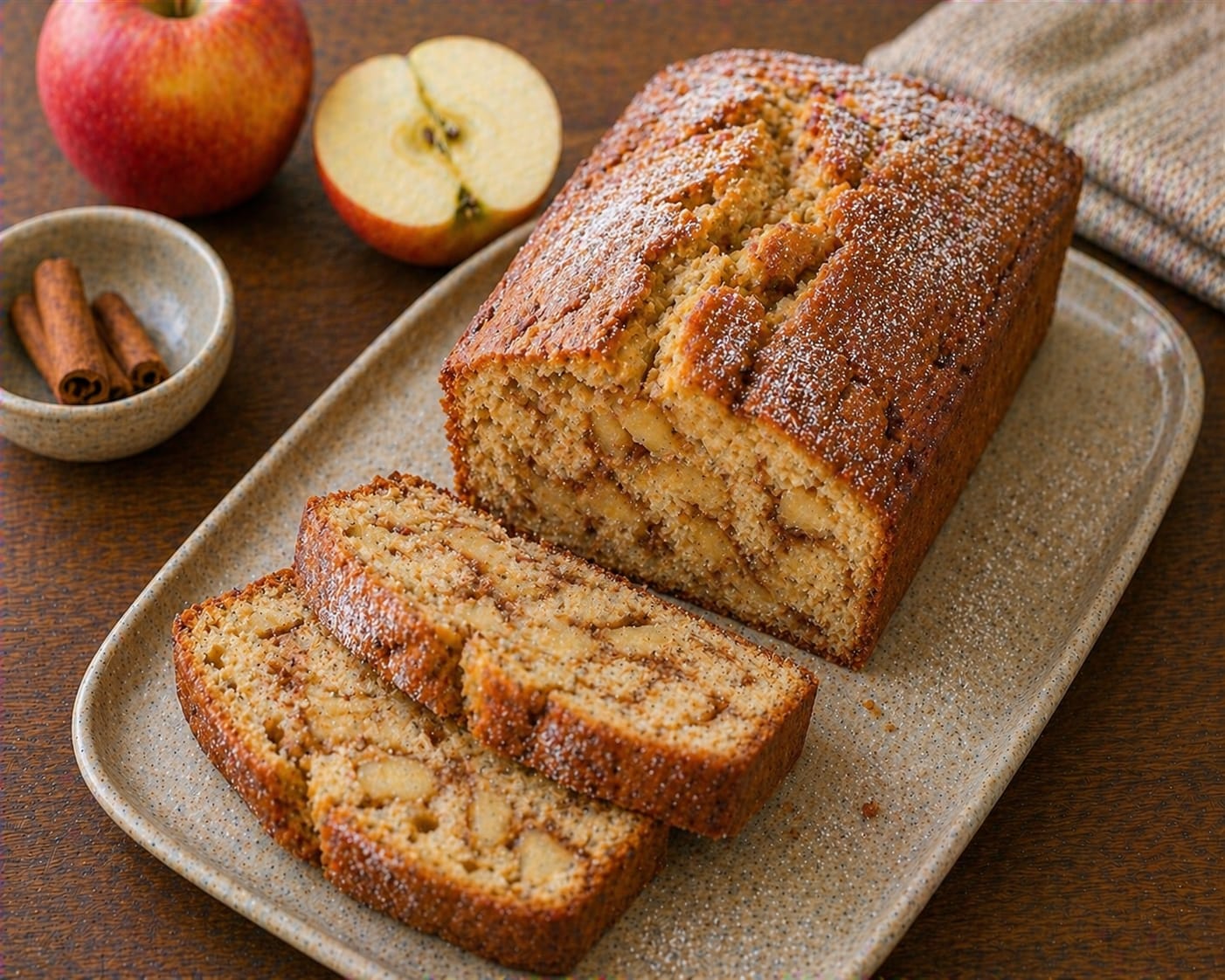 Goldbrauner Apfel-Zimt-Kastenkuchen mit sichtbaren Apfelstücken, dunkler Zimt-Apfel-Schicht und feinem Puderzucker