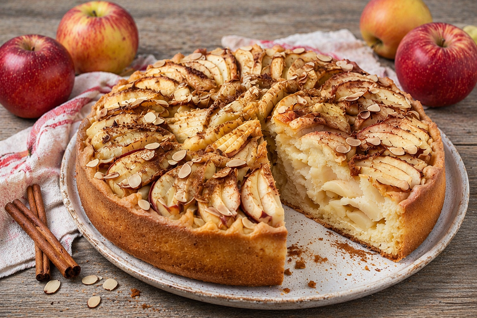 Apfel-Zimt-Mandelkuchen mit goldbraunem Mürbeteigrand, gefächerten Apfelscheiben, feinen Zimtakzenten und Mandelblättchen