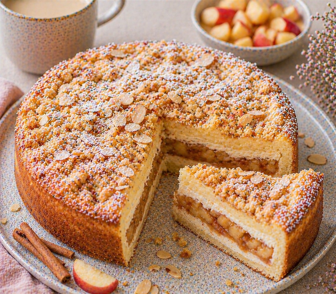 Hoher Apfel-Zimt-Quarkkuchen mit heller Quarkmasse, saftiger Apfelschicht, Streuseln, Mandelblättchen und Puderzucker