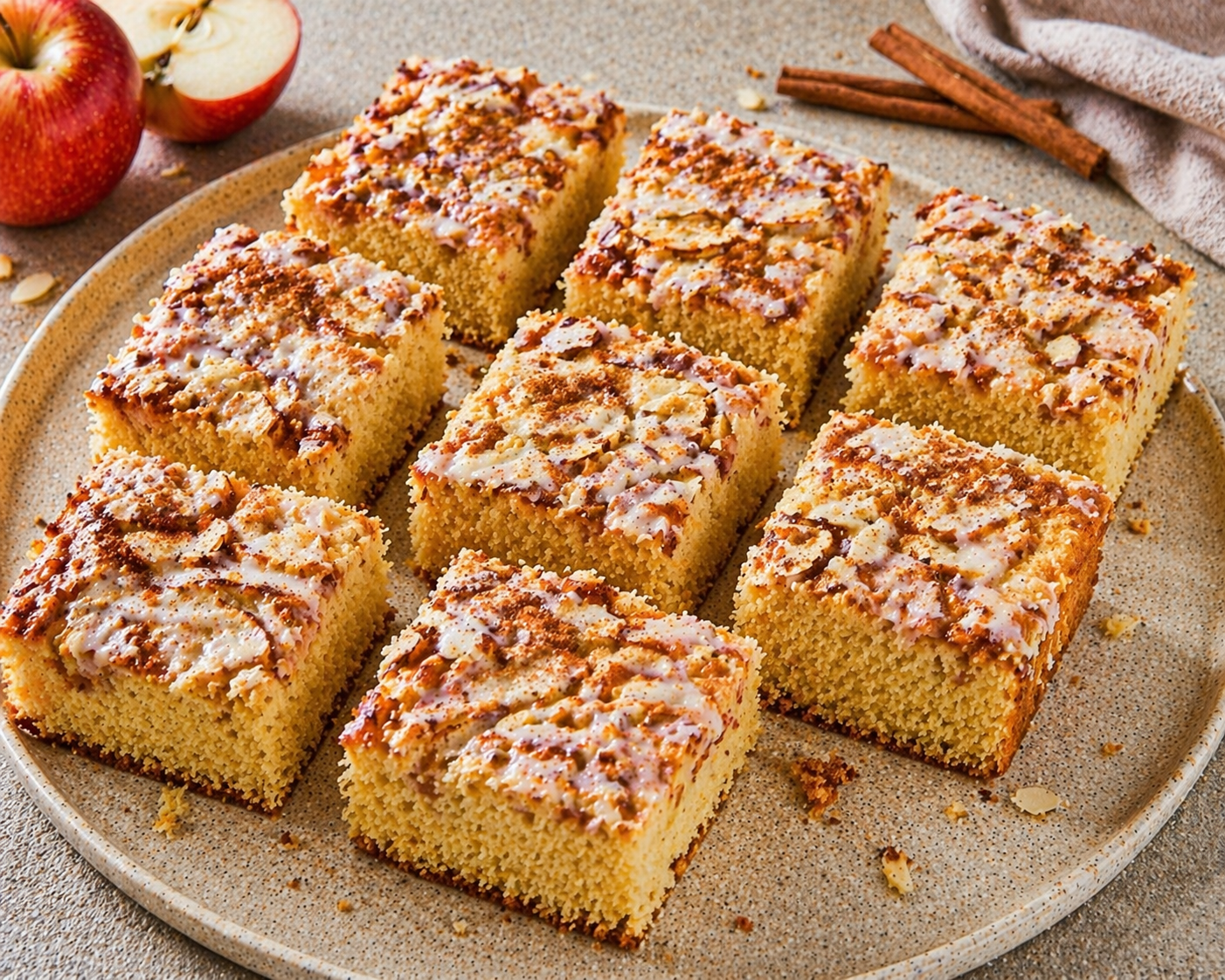 Hohe Apfel-Zimt-Schnitten mit feinen Apfelscheiben, Mandel-Zimt-Topping und heller Vanilleglasur