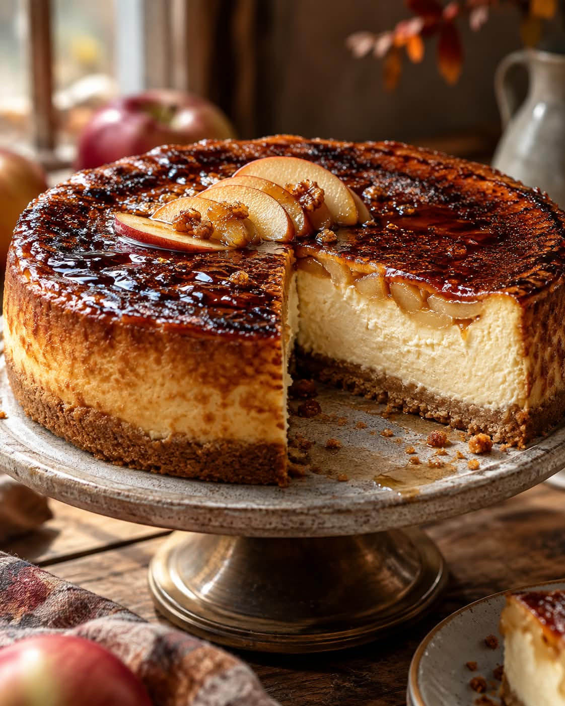 Runder Apfelwein-Käsekuchen mit knusprigem Haferkeksboden, cremiger heller Füllung, zarten Apfelstücken und dunkler glänzender Muscovado-Karamellkruste mit Apfelfächer.