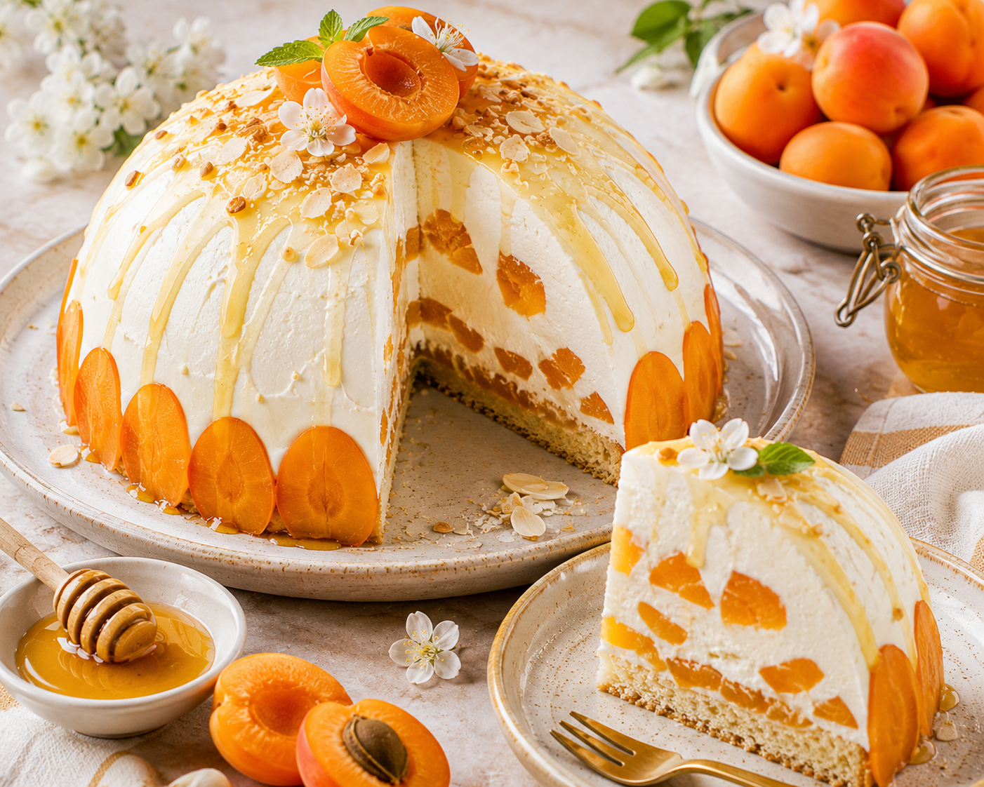 Aprikosen-Honig-Joghurtkuppel mit heller Joghurt-Sahne-Creme, sichtbaren Aprikosenstücken, Mandelboden, Honiglinien, breiten ovalen Aprikosenscheiben am Rand und Aprikosenhälften oben