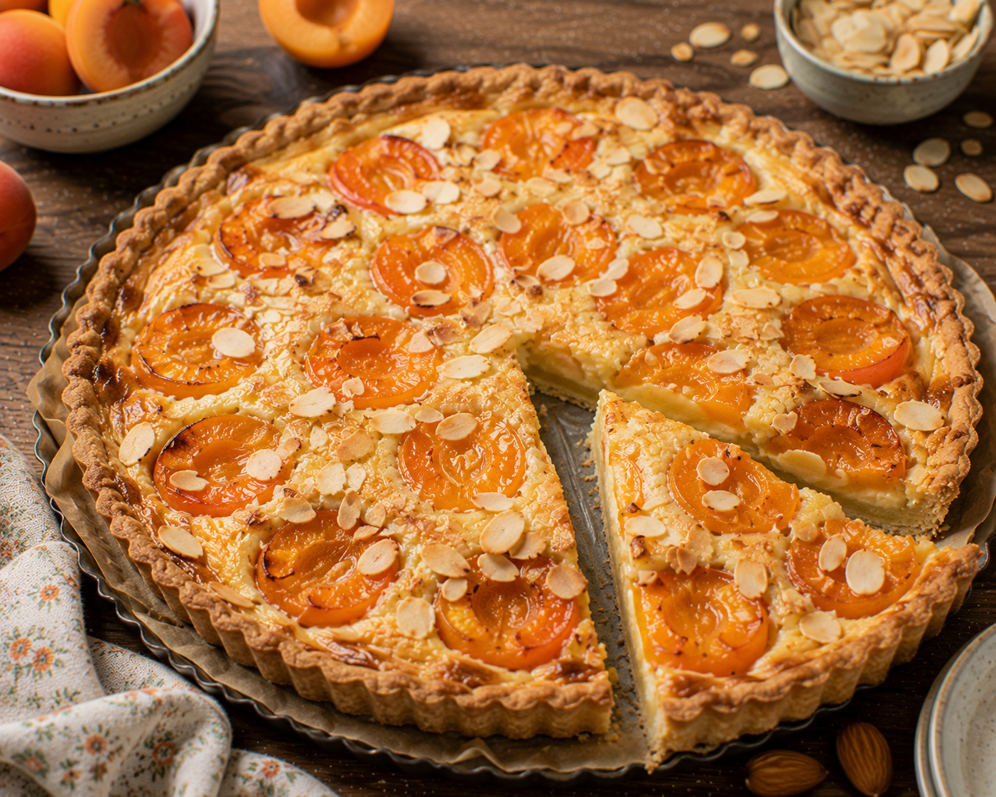Aprikosen-Mandel-Tarte mit Aprikosenhälften, Mandelblättchen und goldbraunem Mürbeteigrand