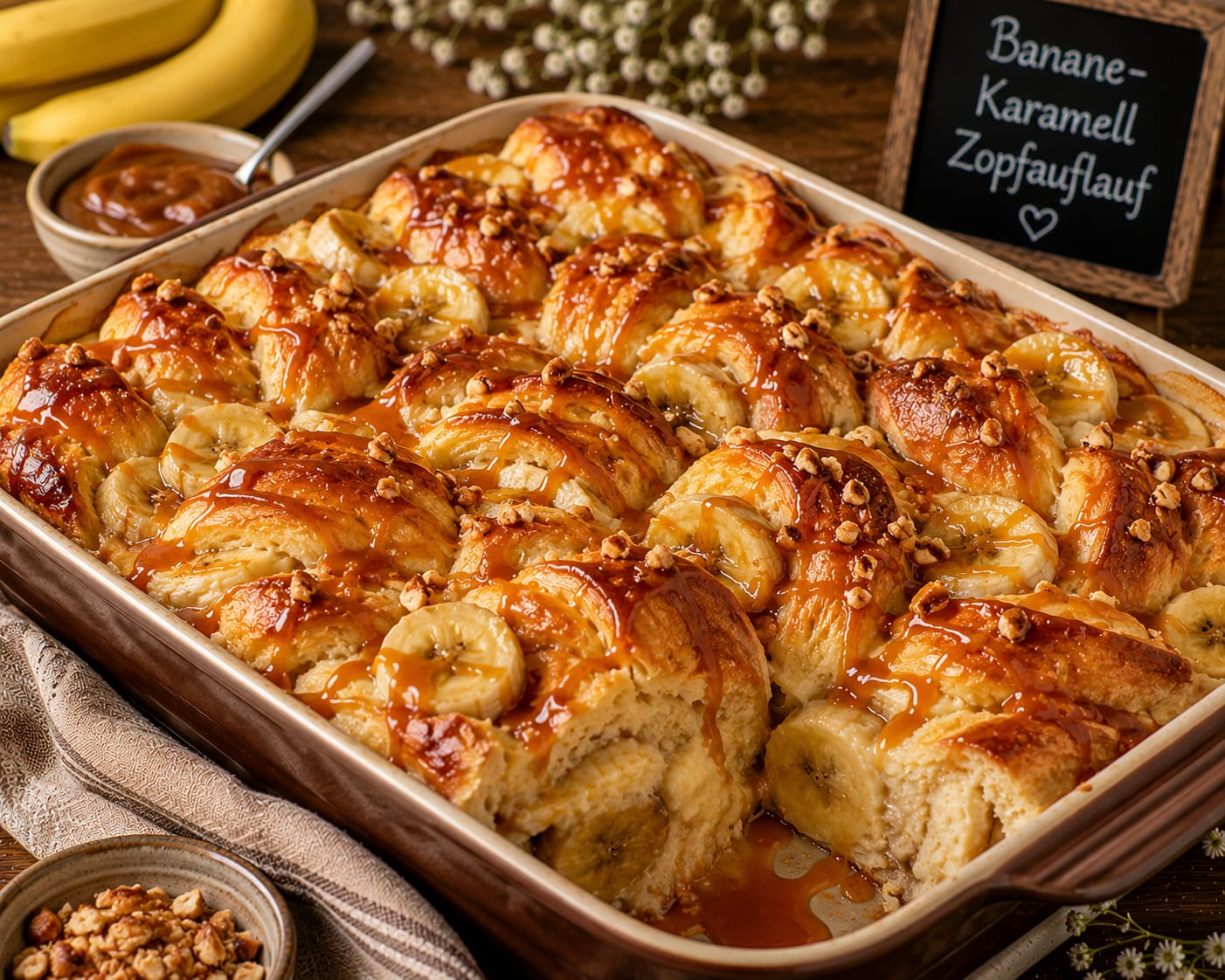 Goldbrauner Banane-Karamell-Zopfauflauf mit Hefezopfstücken, Bananenscheiben, Karamellsauce und gehackten Nüssen