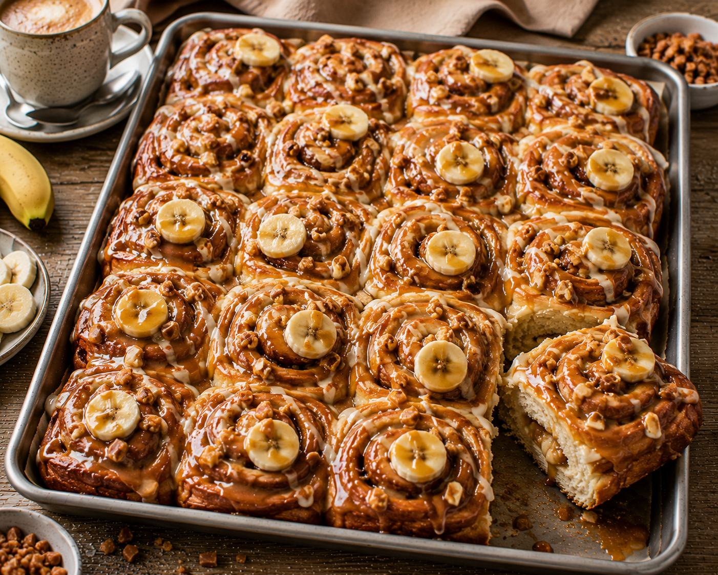 Bananen-Toffee-Zimtschnecken auf einem Blech mit Vanilleguss, Toffeeglasur, Walnüssen und Bananenscheiben