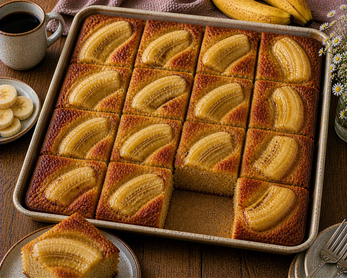 Bananen-Karamell-Ofenkuchen vom Blech mit goldbraunen Bananenhälften und glänzender Karamellglasur