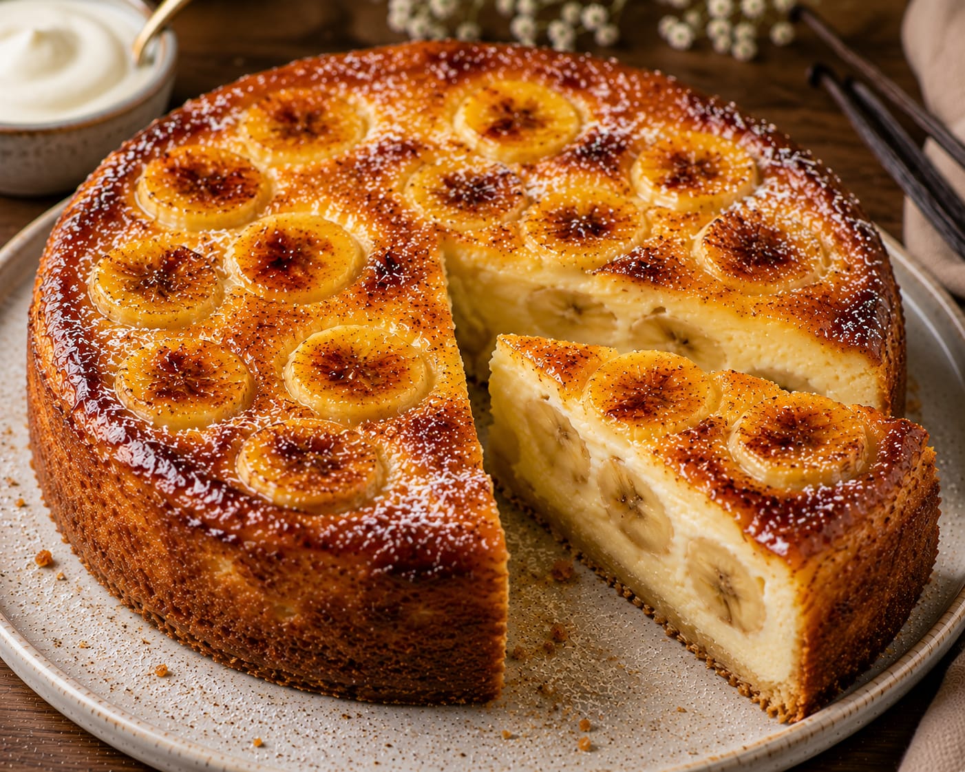 Bananen-Vanille-Cheesecake mit goldbrauner Oberfläche, Bananenscheiben und cremigem Anschnitt