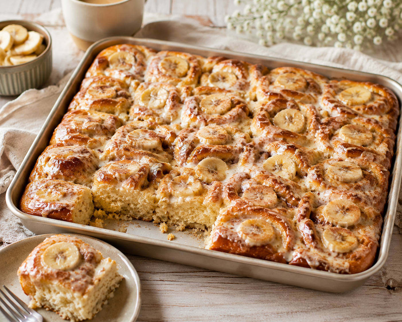 Goldbraune Bananen-Zimt-Milchbrötchen-Schnecken vom Blech mit cremigem Vanilleguss