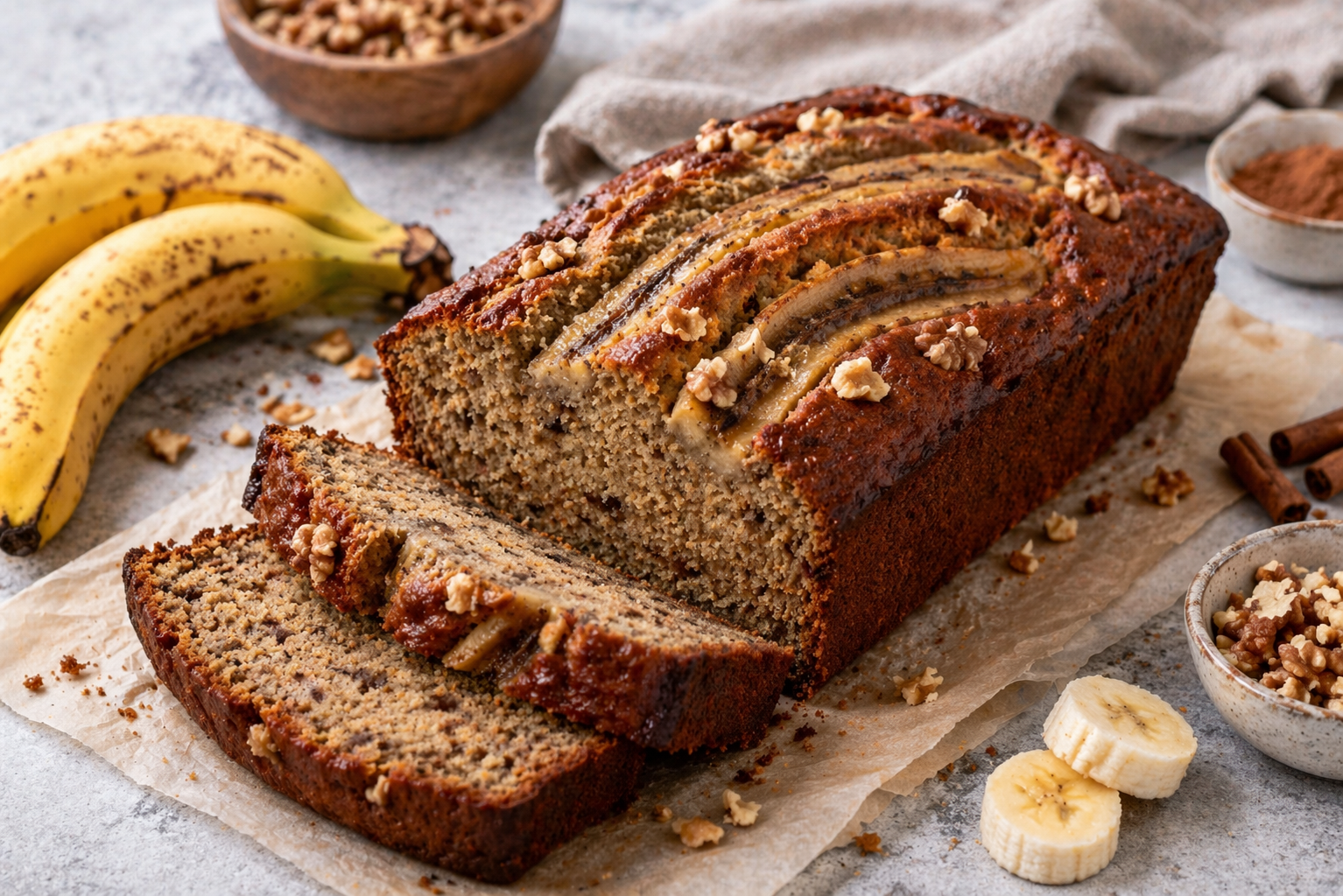 Saftiges Bananenbrot mit längs aufgelegten Bananenhälften, Walnüssen und goldbrauner Kruste