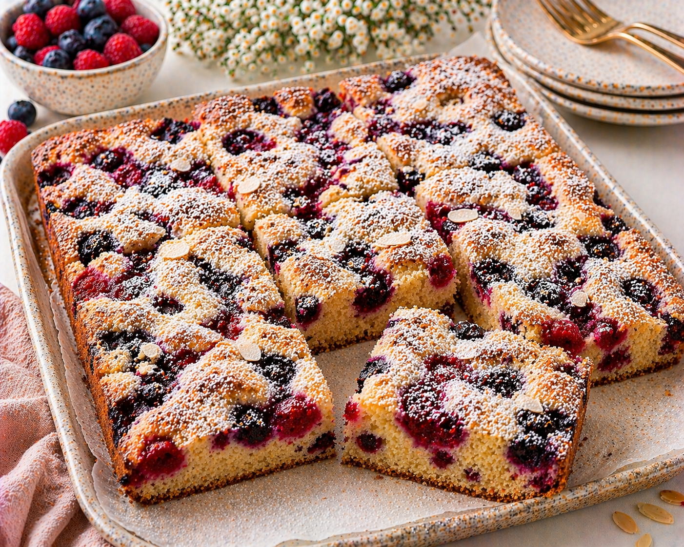 Beeren-Blechkuchen mit Himbeeren, Blaubeeren, Mandelblättchen und Puderzucker