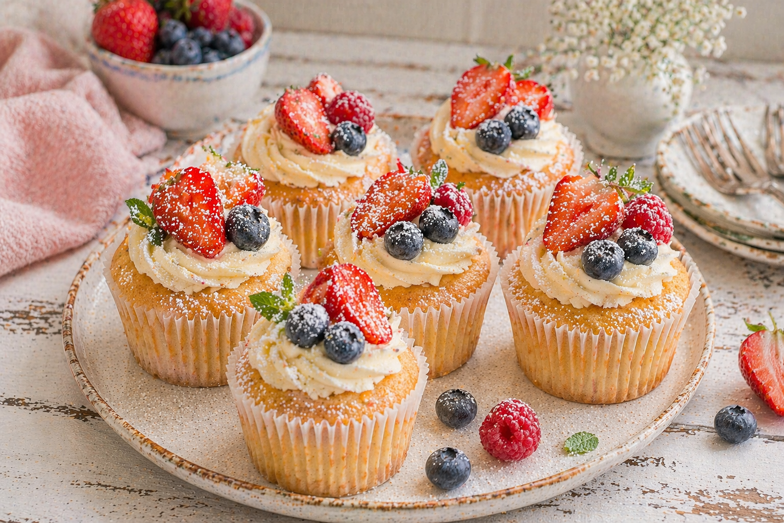 Vanille-Cupcakes mit cremigen Rosetten, Erdbeeren, Himbeeren, Blaubeeren, kleinen Minzblättern und Puderzucker