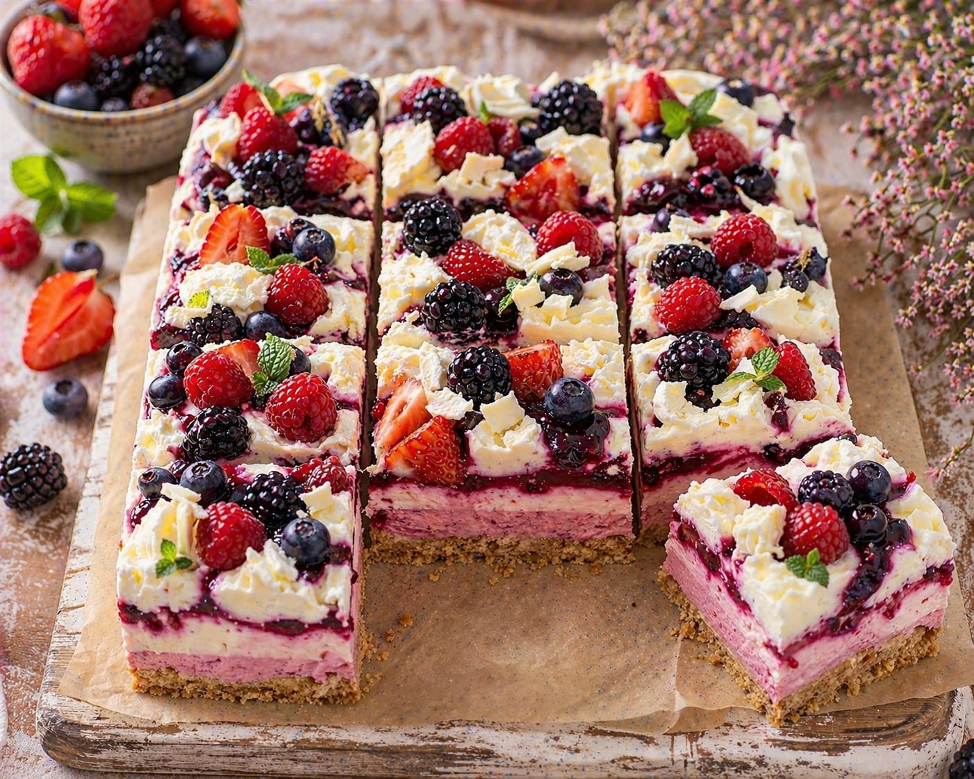 Beeren-Frischkäse-Schnitten mit Keksboden, zwei rosafarbenen Cremeschichten, dunkler Fruchtfüllung, weißen Cremetupfen, Beeren und weißer Schokolade