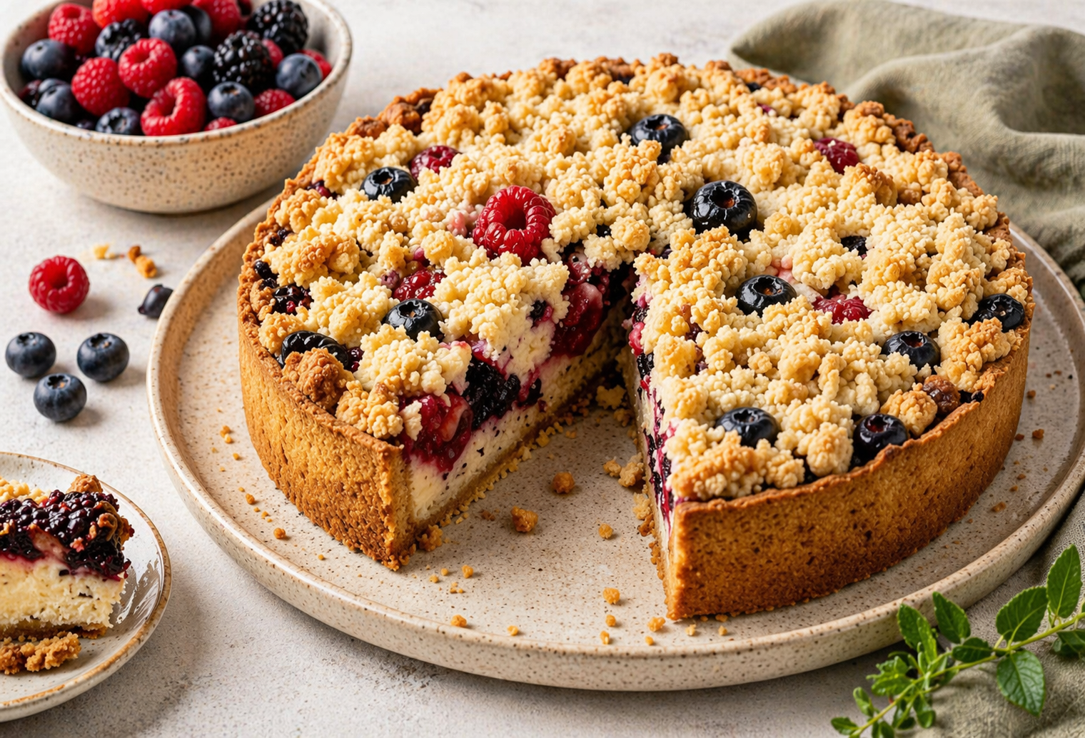 Hoher Beeren-Käsekuchen mit goldbraunen Streuseln, Himbeeren, Blaubeeren und cremiger heller Füllung