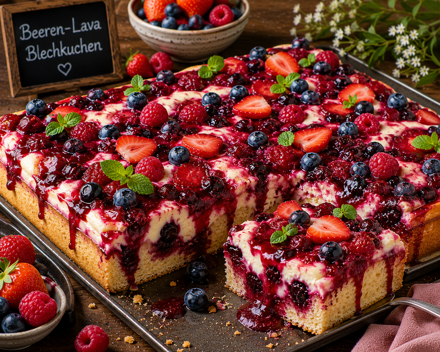 Beeren-Lava-Blechkuchen mit hellem Vanilleboden, dunkler Beerenschicht, weißer Creme, glänzender Beeren-Lava, Erdbeeren, Himbeeren, Blaubeeren und Minze