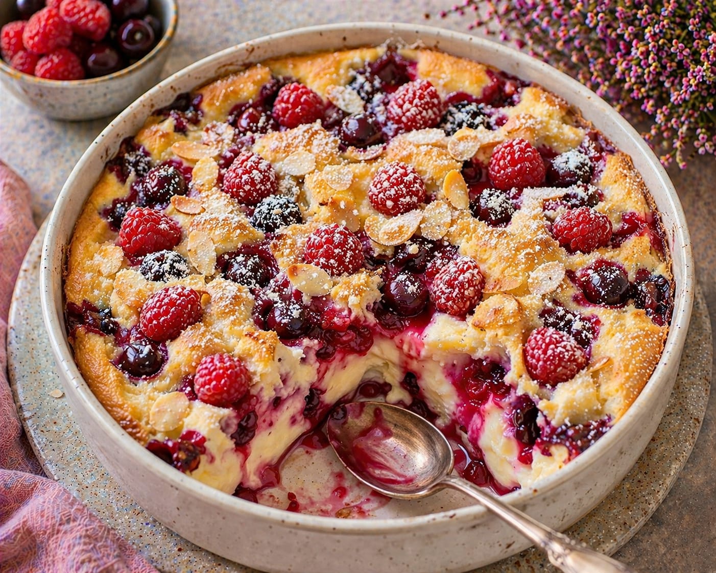 Cremiger Beeren-Quark-Auflauf in einer flachen runden Ofenform mit Himbeeren, dunklen Kirschen, Mandelblättchen und Puderzucker
