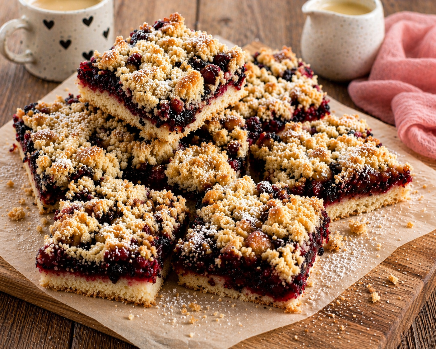 Beeren-Streuselkuchen vom Blech mit dickem hellem Boden, dunkler Beerenfüllung, goldenen Streuseln und Puderzucker