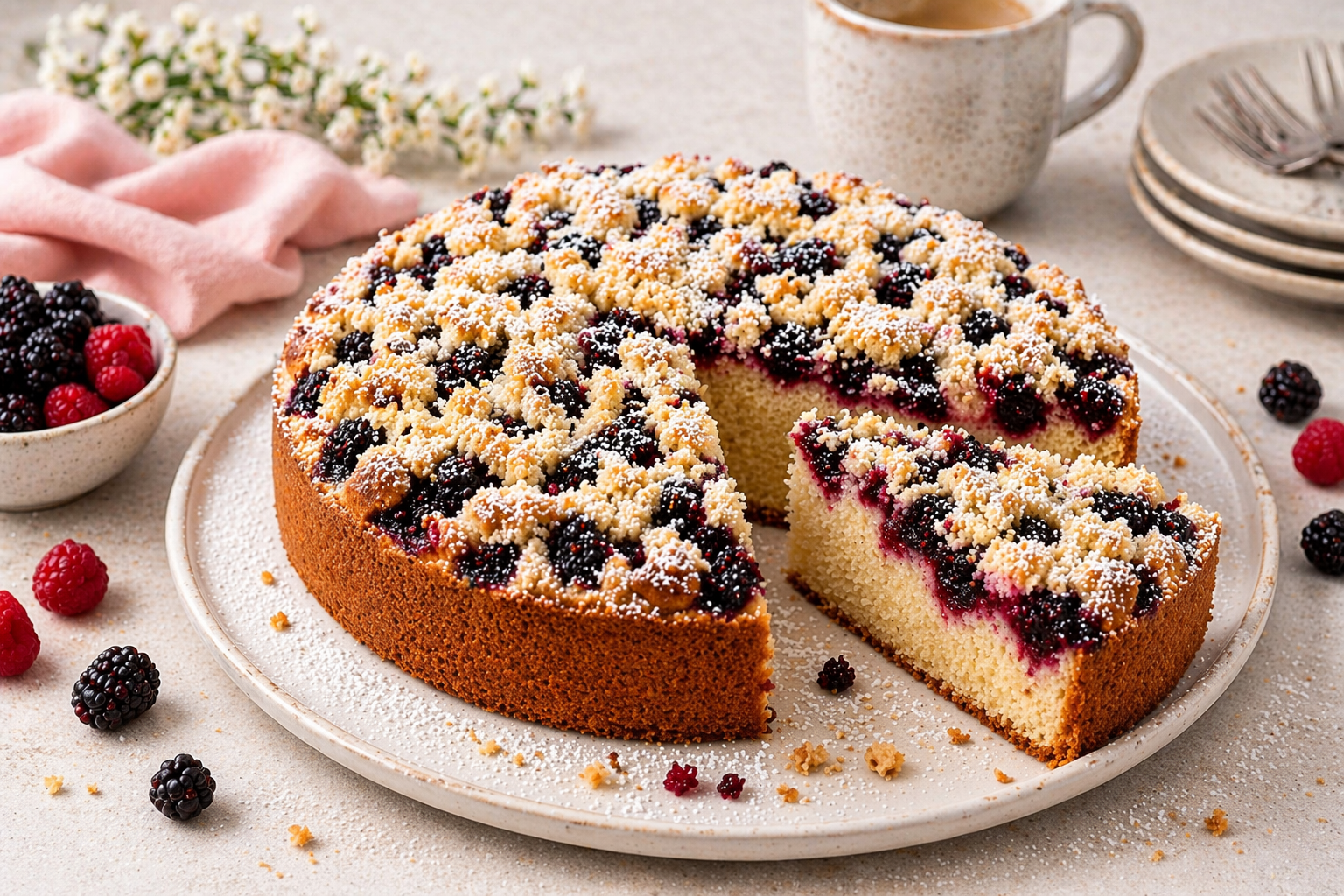 Hoher Beeren-Streuselkuchen mit Brombeeren, Himbeeren, Butterstreuseln und Puderzucker auf einer Keramikplatte