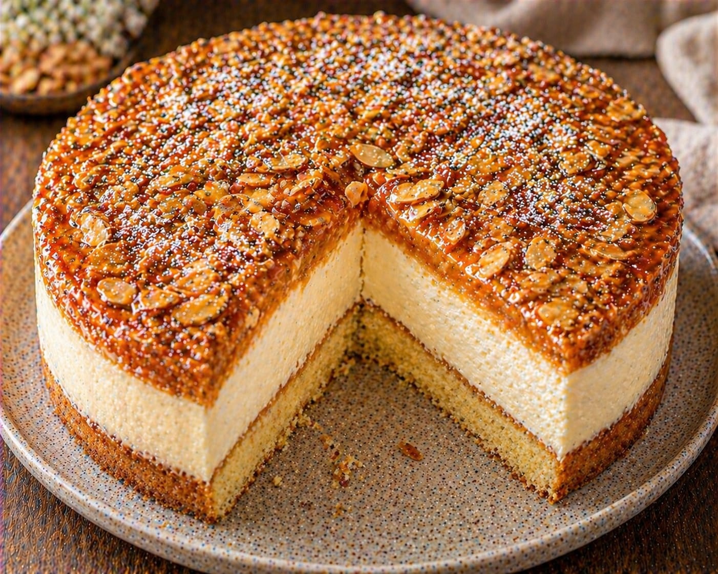 Hoher Bienenstich-Käsekuchen mit heller Käsekuchenfüllung, hellem Boden, Mandel-Karamell-Decke und feinem Puderzucker