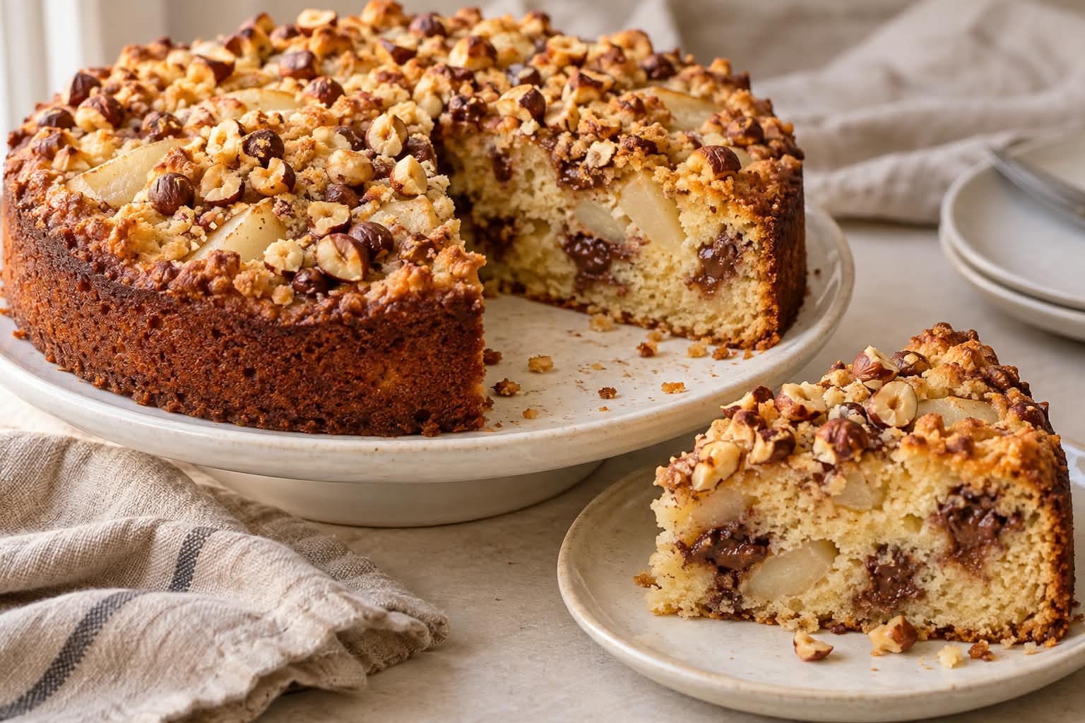 Saftiger Birnen-Nougat-Knusperkuchen mit goldbraunen Haselnussstreuseln, Birnenspalten und sichtbaren Nougatinseln im Anschnitt.