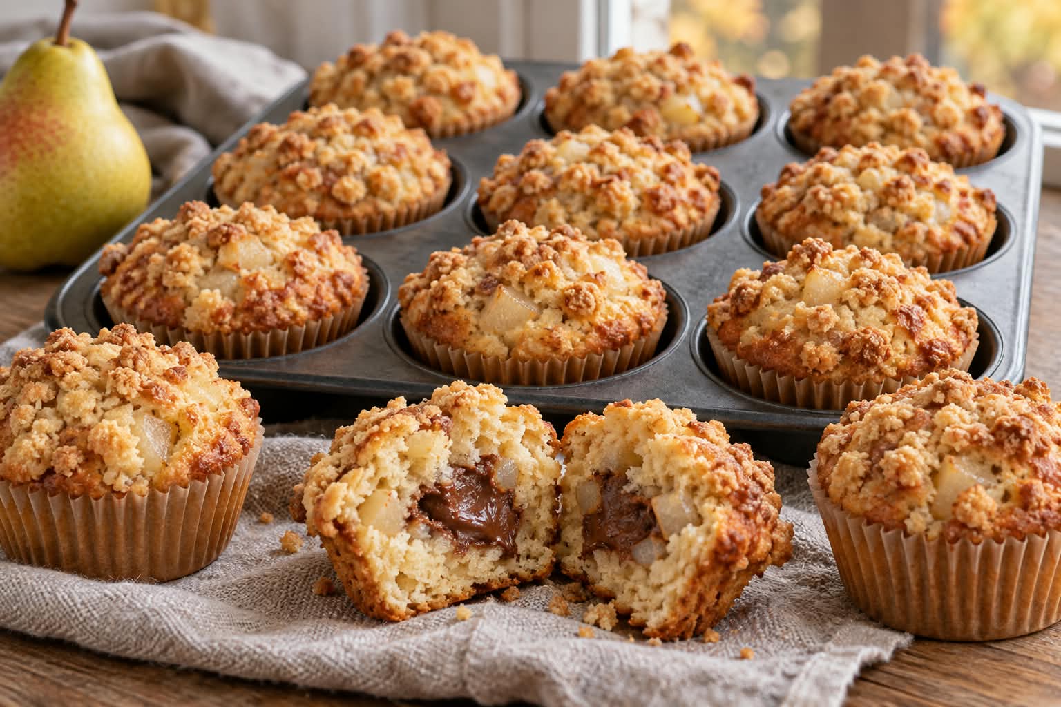Goldbraune Birnen-Nougat-Streusel-Muffins mit sichtbaren Birnenstückchen, knusprigen Streuseln und angeschnittenem Muffin mit weichem dunklem Nougatkern