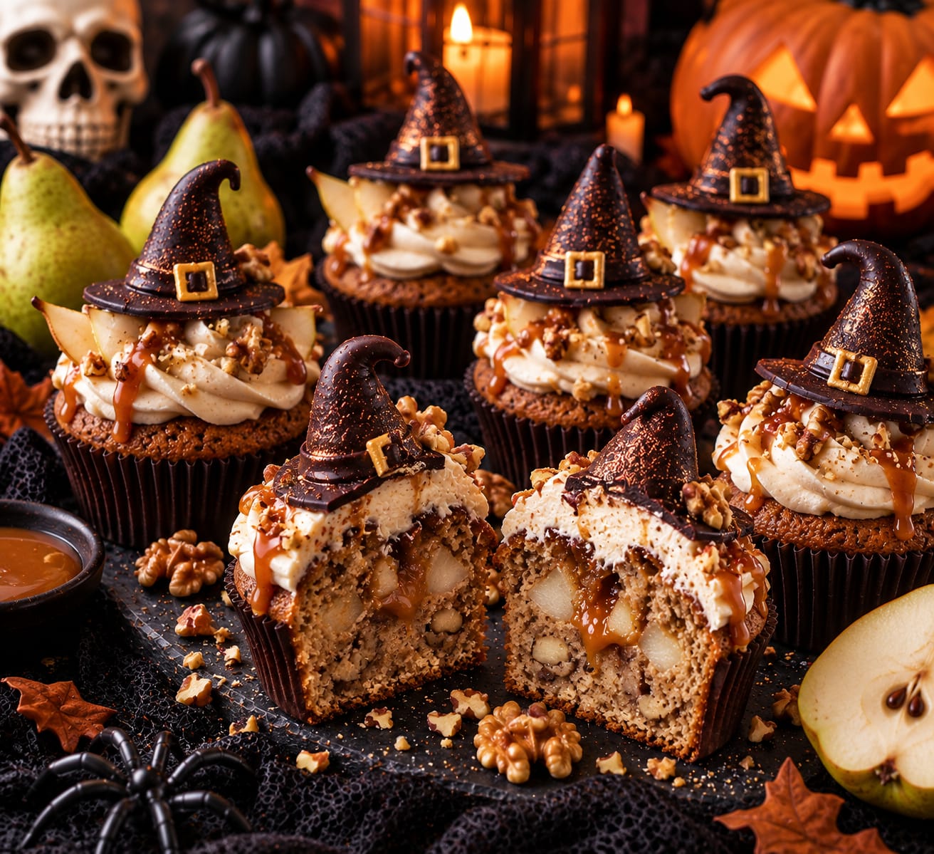 Birnen-Walnuss-Hexenhut-Cupcakes mit sichtbaren großen Birnen- und Walnussstücken im Anschnitt, weichem Salzkaramellkern, hoher Vanille-Zimt-Creme und dunklen Schokoladen-Hexenhüten mit goldenen Schnallen und kupferfarbenen Sprenkeln