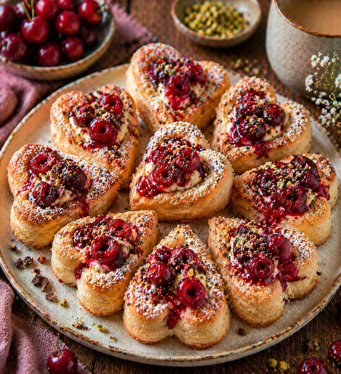 Goldbraune Blätterteig-Herzen mit Vanille-Sahne-Creme, Kirschkompott, Pistazien, dunkler Schokolade und Puderzucker