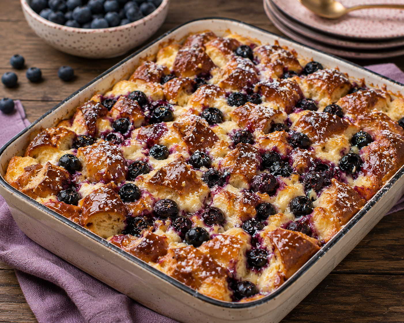 Goldbrauner Blaubeer-Butterbrezel-Auflauf in einer hohen rechteckigen Keramikform mit cremiger Vanillemasse und Blaubeeren