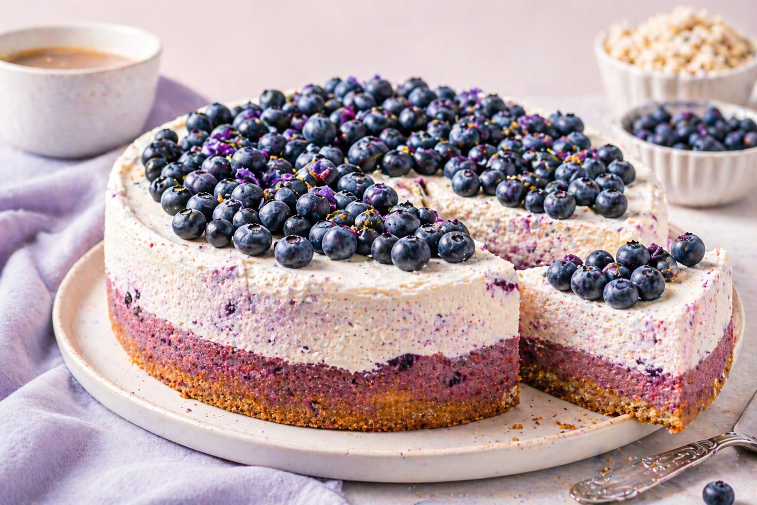 Angeschnittener Blaubeer-Cheesecake mit dünnem Nuss-Rührteigboden, stückiger violetter Blaubeerschicht, heller Creme mit feinen Beerenspuren und vielen frischen Blaubeeren