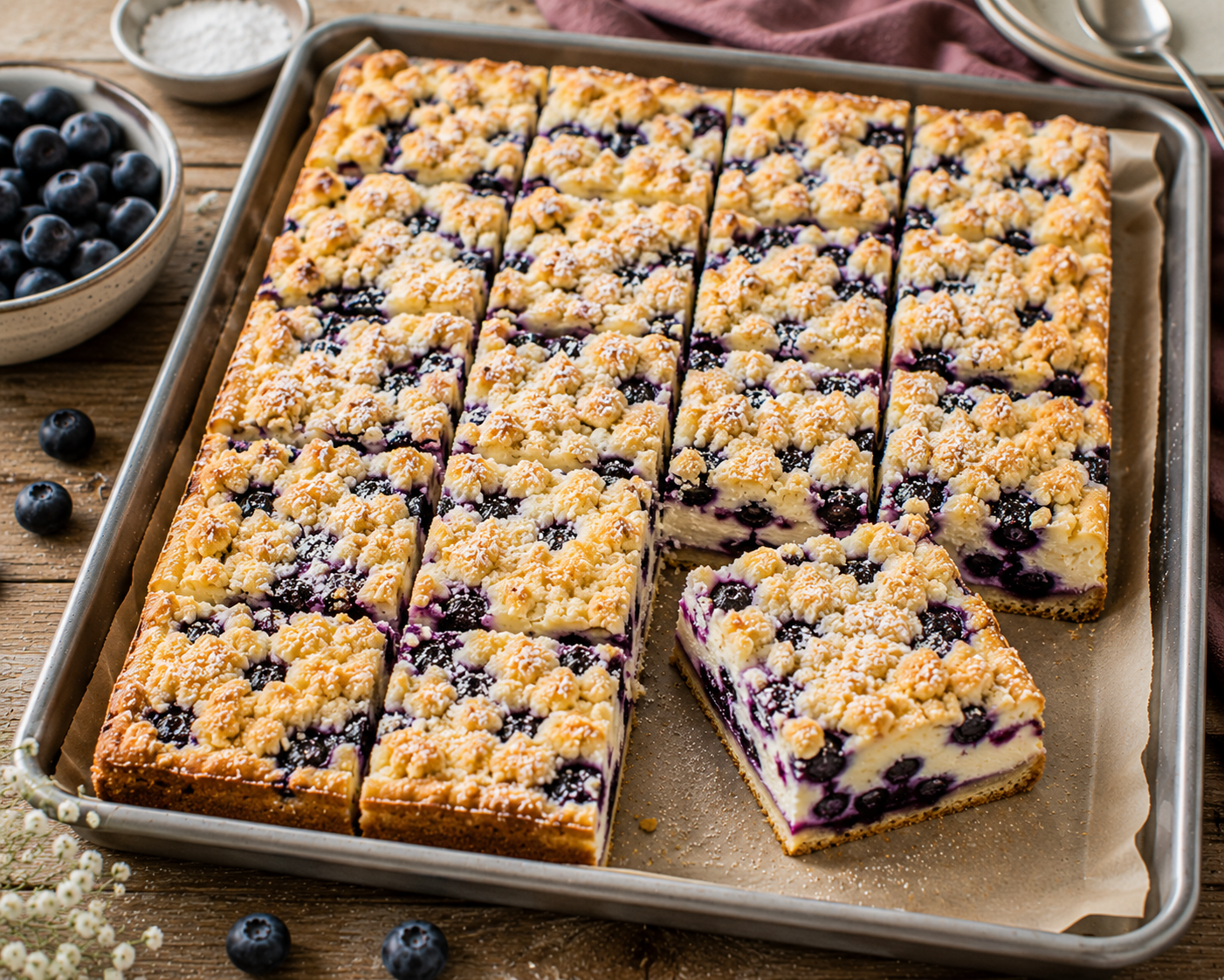 Blaubeer-Cheesecake-Streuselschnitten mit goldbraunen Streuseln, Blaubeeren und cremiger heller Füllung