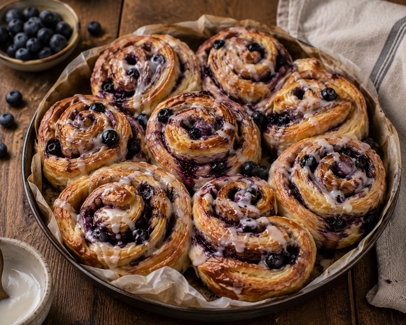 Acht goldbraune Blaubeer-Franzbrötchen-Schnecken in einer runden Form mit Vanilleguss