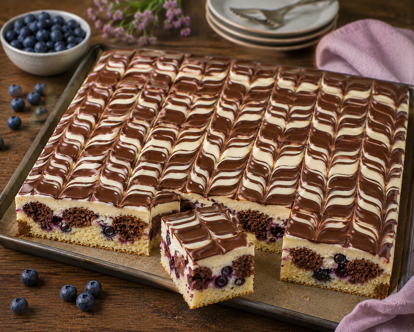 Blaubeer-Frischkäse-Donauwelle vom Blech mit heller Creme und marmorierter Schokoladenglasur