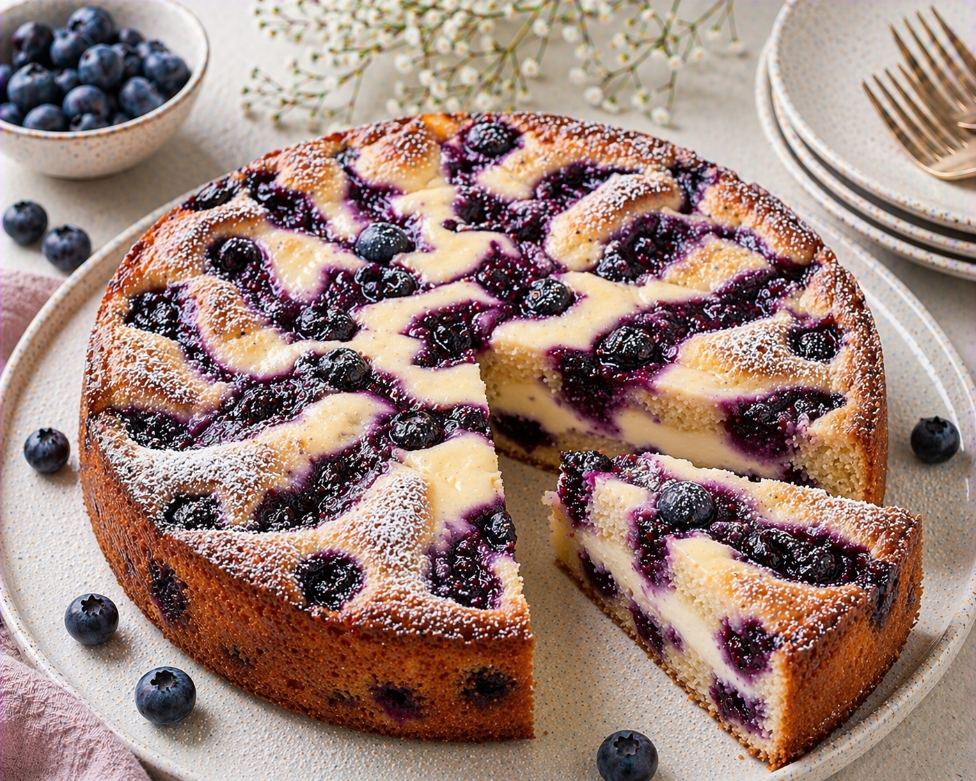 Blaubeer-Frischkäse-Swirl-Kuchen mit Blaubeeren im Rührteigboden, weißer Frischkäsecreme, gelber Vanillecreme mit Blaubeer-Swirl und Puderzucker